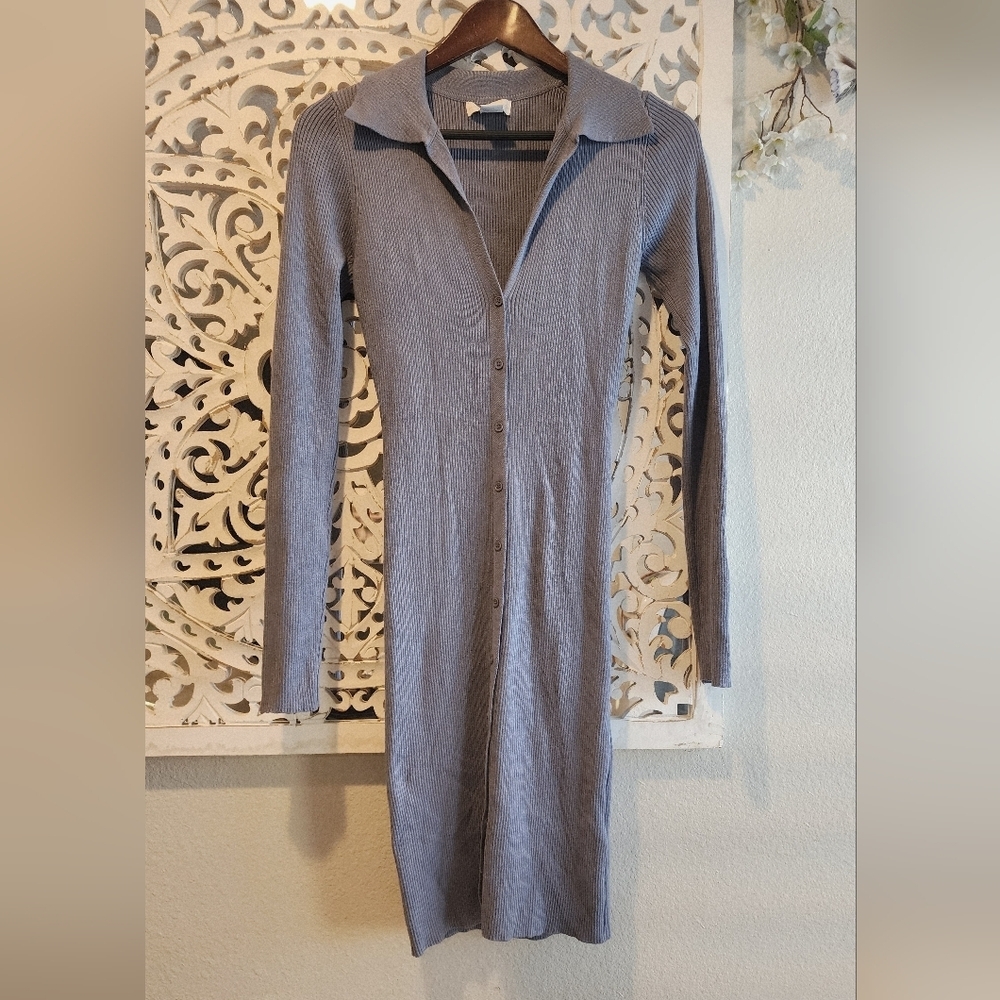House Of Harlow 1960 Revolve Blue Collared Ribbed Knit Button Down Dress Small - Picture 7 of 15